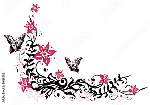 Sommer, frame, Blätter, Laub, Ranke, pink, schwarz