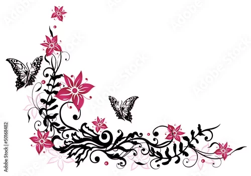 Obraz Sommer, frame, Blätter, Laub, Ranke, pink, schwarz