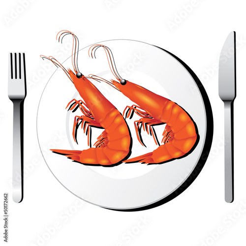 Shrimp on white dish with fork and knife vector