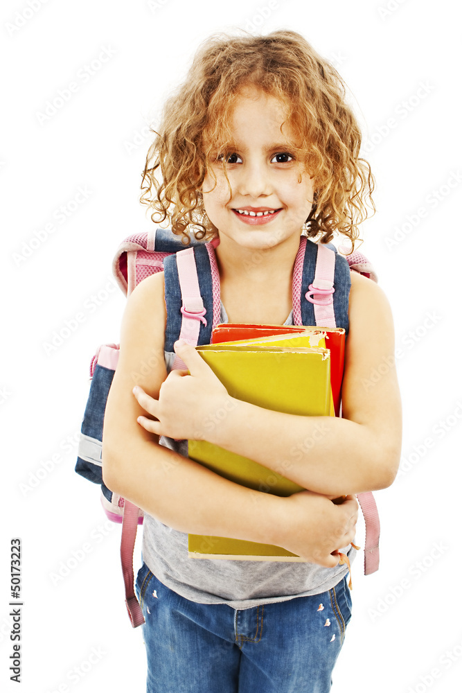 Portrait of smiling school girl with rucksack holding books Portrait of smiling school girl with rucksack holding books