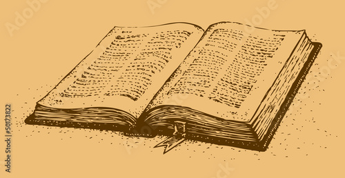 Vector drawing. Old open book with a bookmark