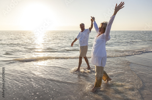 Happy Senior Couple Holding Hands Sunset Sunrise Beach