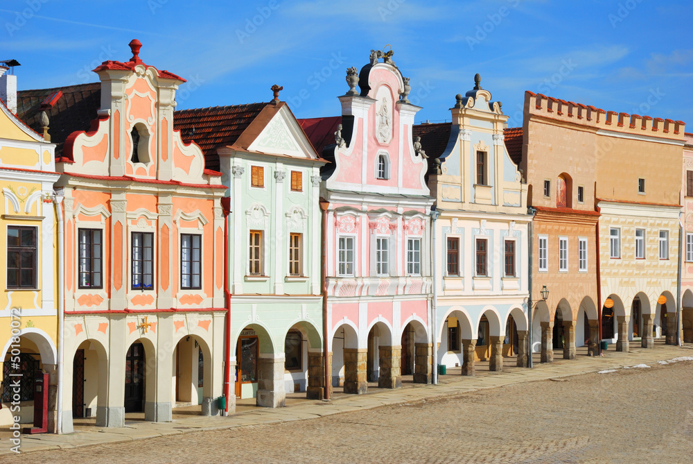 Town square in Telc with renaissance and baroque colorful houses