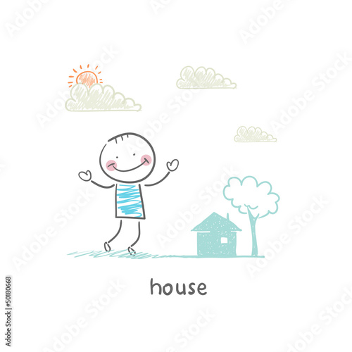 A man and a house. Illustration.