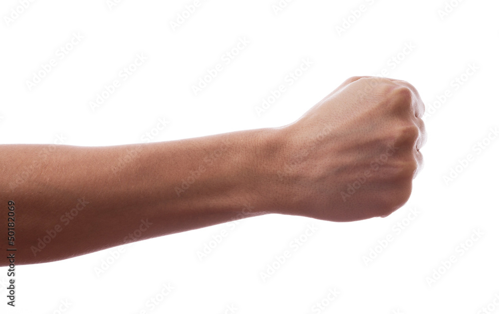 A hand clutched in his fist A hand clutched in his fist