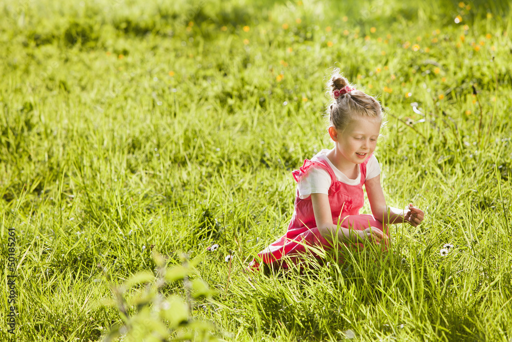 Caucasian girl picking flowers in field Caucasian girl picking flowers in field