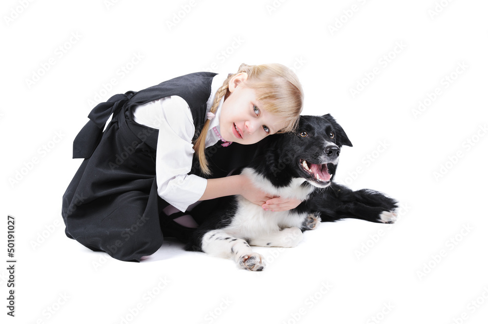 Russian girl and black and white border collie dog Russian girl and black and white border collie dog