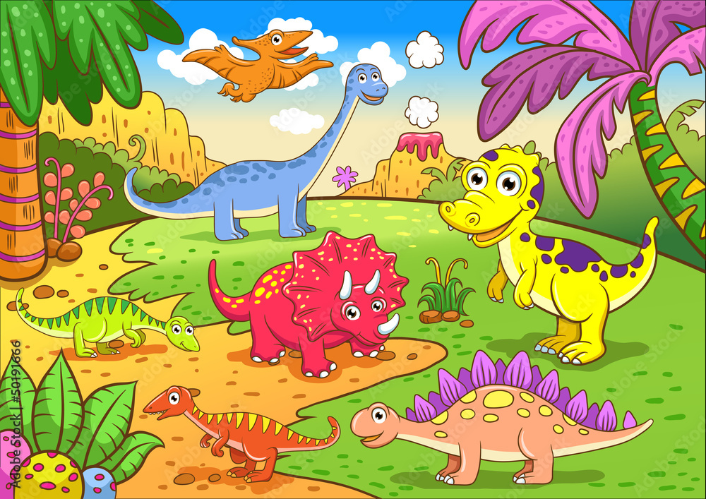 Fototapeta premium Cute dinosaurs in prehistoric scene