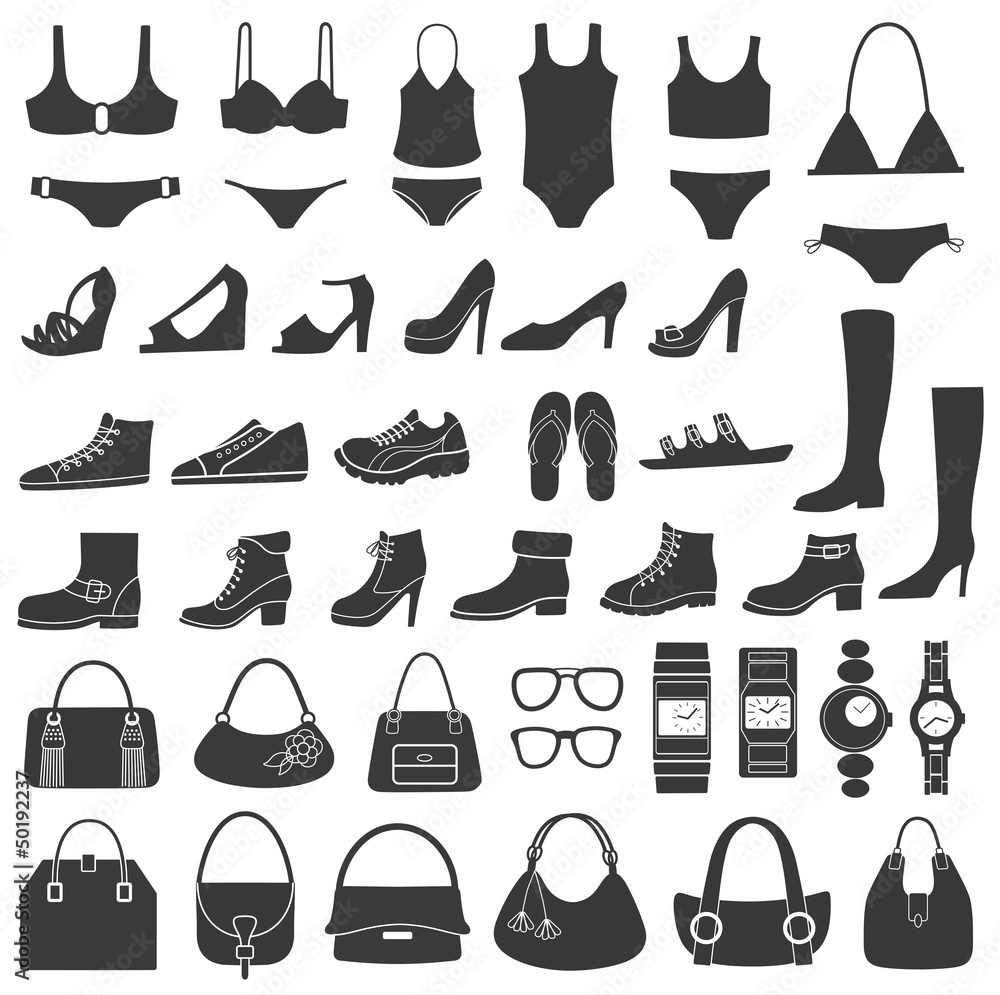 Set of vector silhouettes: shoes, swimwear and accessories.