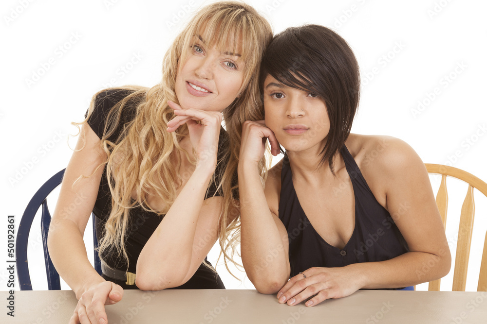 woman dressy heads together woman dressy heads together
