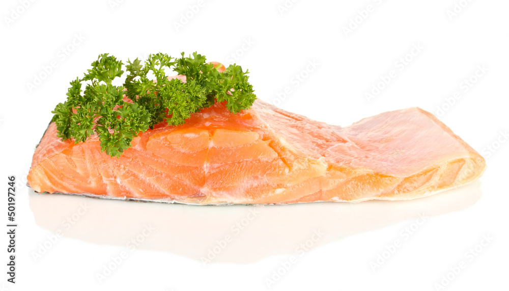 Fresh salmon fillet with parsley, isolated on white Fresh salmon fillet with parsley, isolated on white