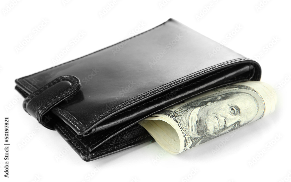 Wallet with hundred dollar banknotes, isolated on white Wallet with hundred dollar banknotes, isolated on white