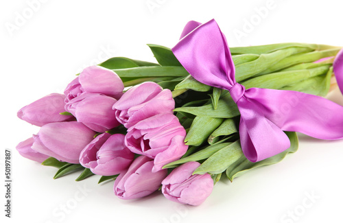 Beautiful bouquet of purple tulips, isolated on white