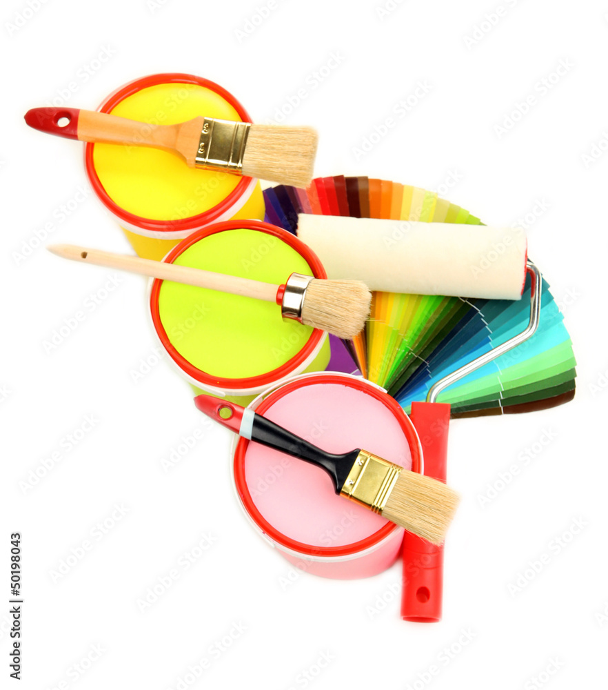 Set for painting: paint pots, brushes, paint-roller, palette of Set for painting: paint pots, brushes, paint-roller, palette of