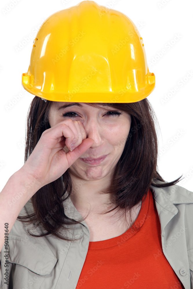 Brunette builder crying Brunette builder crying