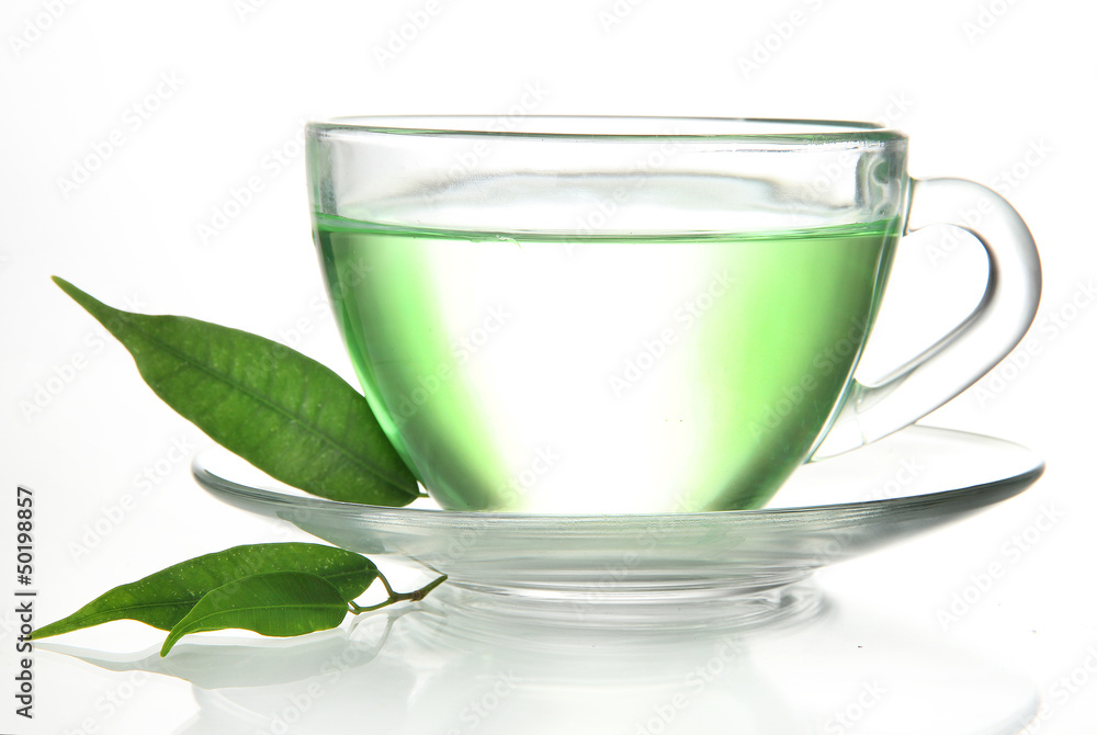 Transparent cup of green tea, isolated on white Transparent cup of green tea, isolated on white
