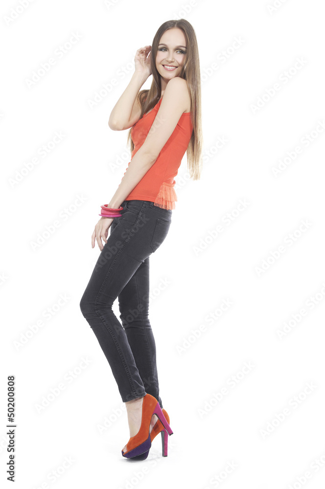 beautiful woman in orange vest looking at the camera beautiful woman in orange vest looking at the camera