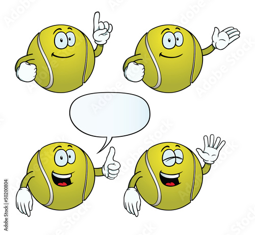 Collection of smiling tennis balls with various gestures.