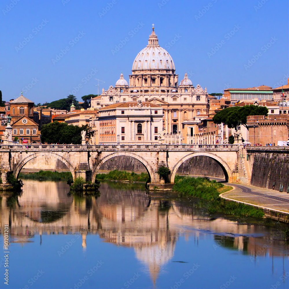 View of the Vatican across the Tiber River of Rome, Italy