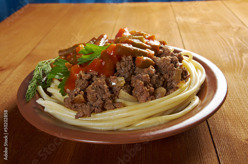  pasta with beef  tomato sauce photo