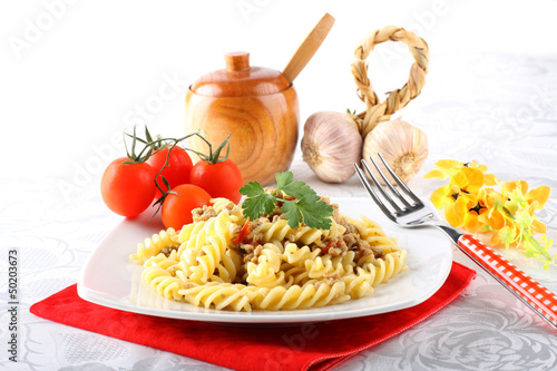 Fusilli pasta with meat sauce