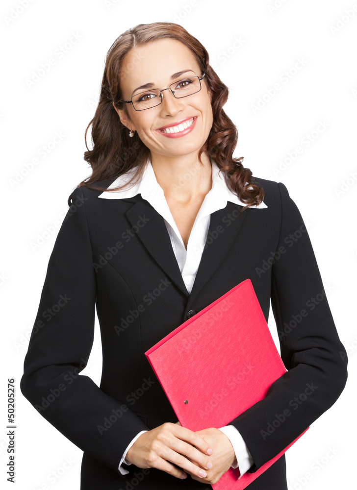Smiling businesswoman with red folder, on white Smiling businesswoman with red folder, on white