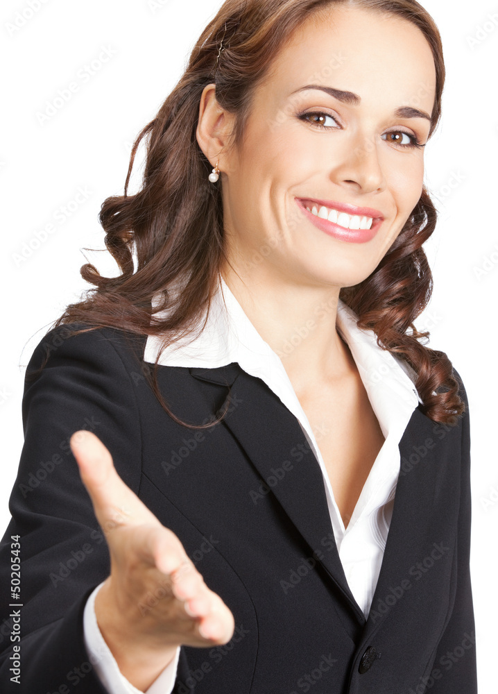 Businesswoman giving hand for handshake, on white Businesswoman giving hand for handshake, on white
