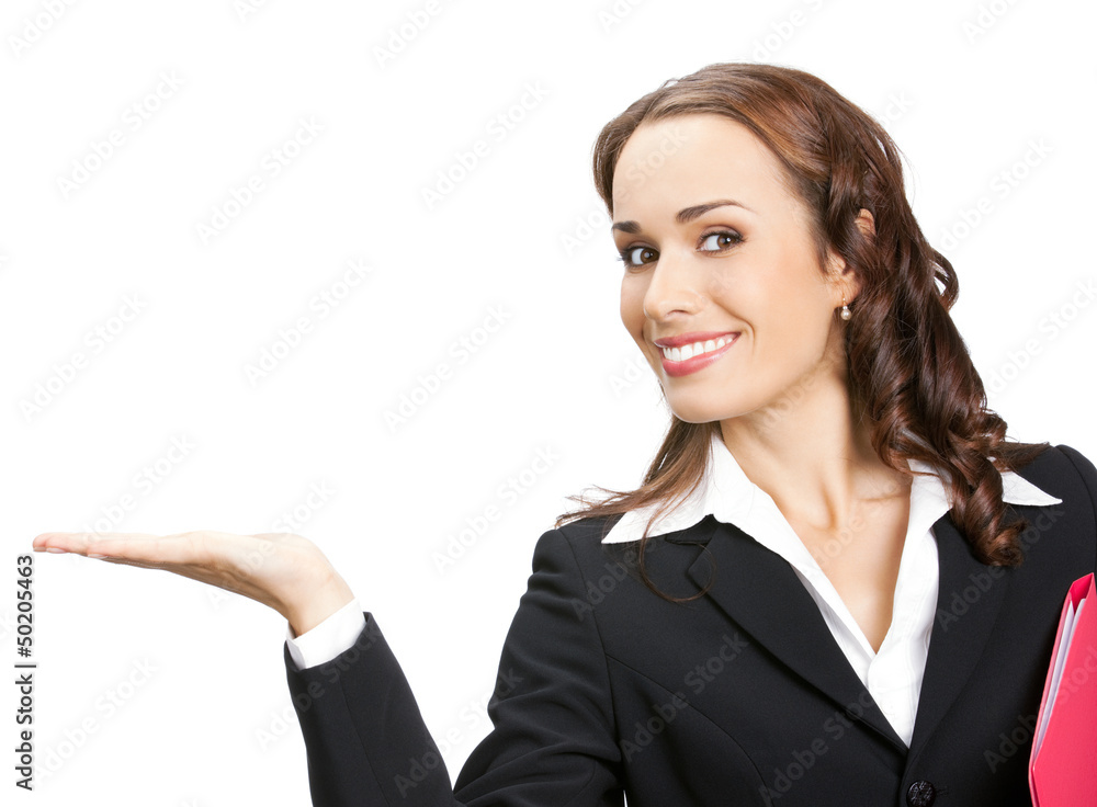 Businesswoman showing, isolated on white Businesswoman showing, isolated on white