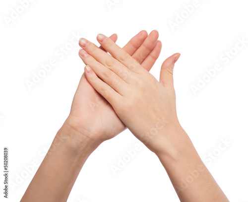 Woman holding palms together, praying