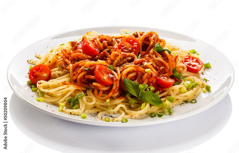 Pasta with meat, tomato sauce, parmesan and vegetables