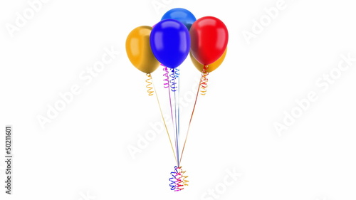multicolored party balloons with ribbons loop rotate on white