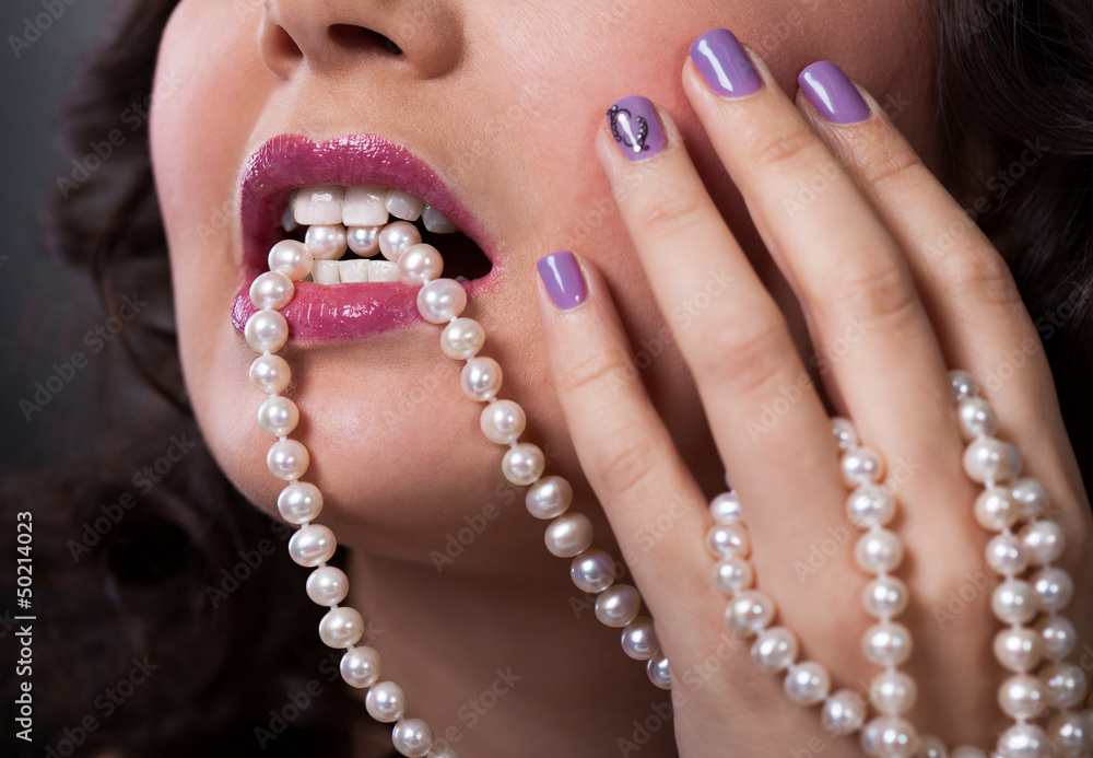 Beautiful Young Woman Holding Pearl Necklace Beautiful Young Woman Holding Pearl Necklace