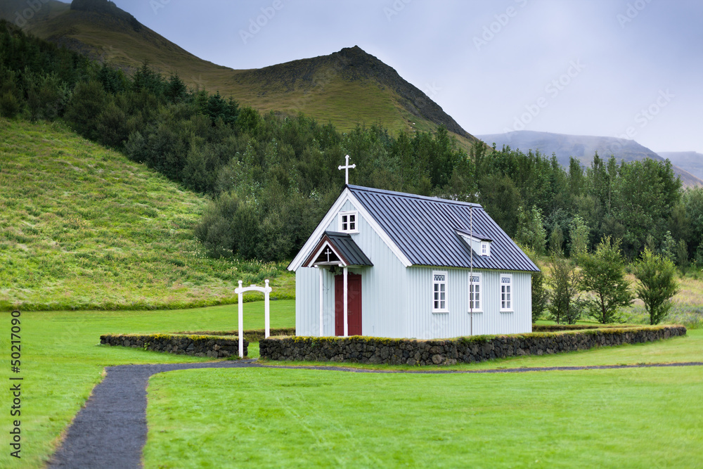 Typical Rural Icelandic Church at Overcast Day