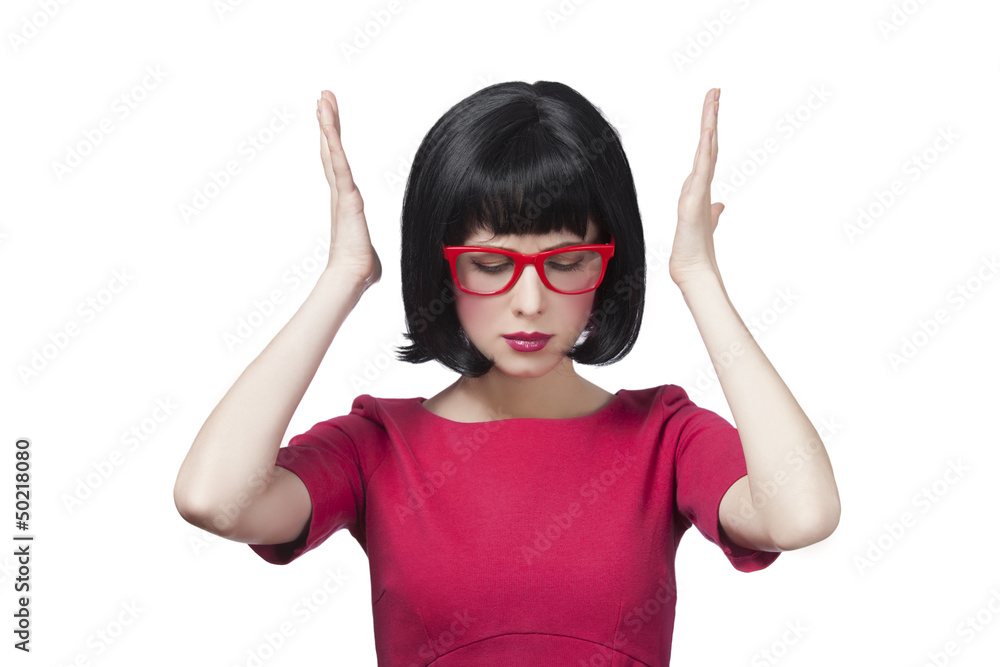 girl in red glasses at white background. girl in red glasses at white background.