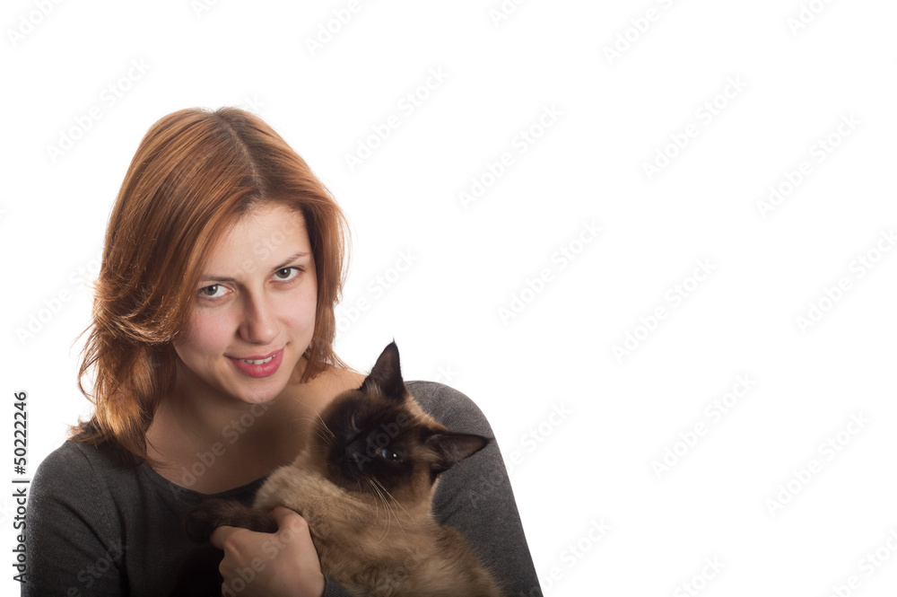 pretty girl with a Siamese cat pretty girl with a Siamese cat