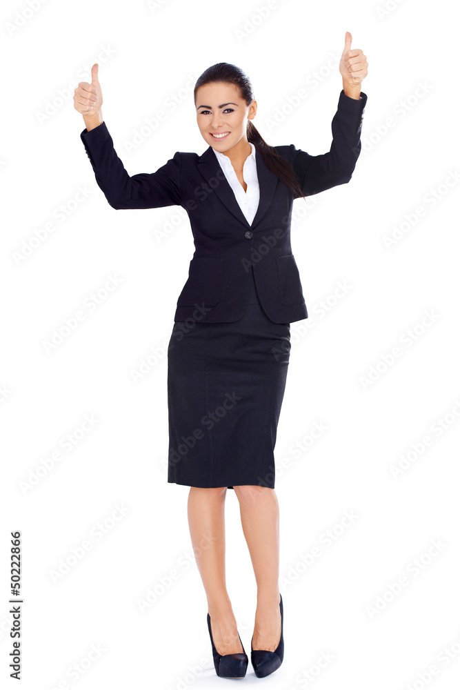 Business woman standing and showing thumbs up gesture Business woman standing and showing thumbs up gesture