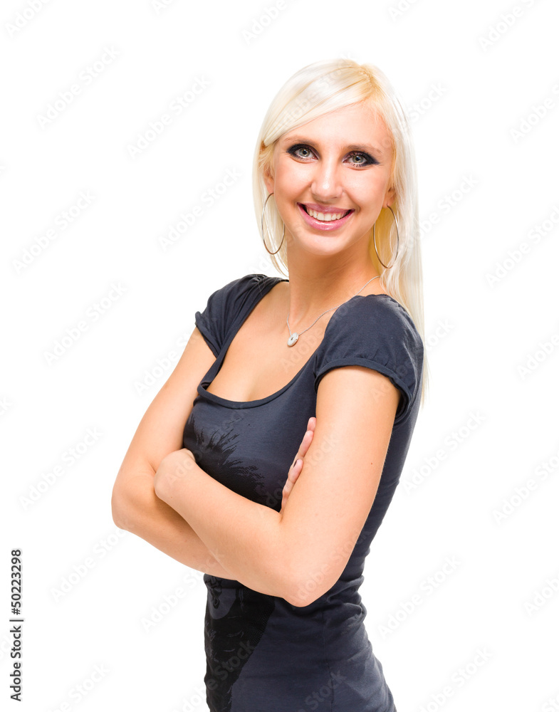 funny cute smiling woman on white background funny cute smiling woman on white background