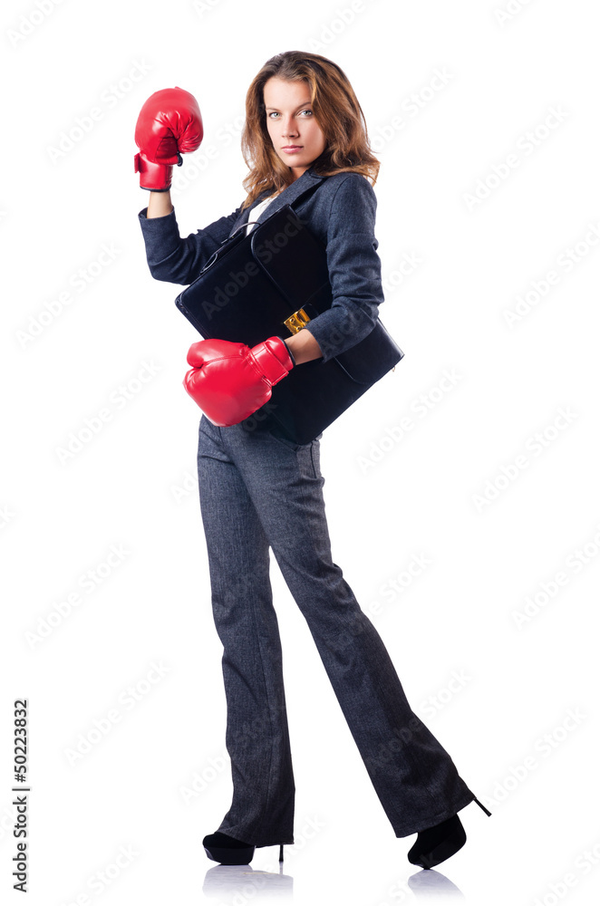 Woman businesswoman with boxing gloves on white Woman businesswoman with boxing gloves on white