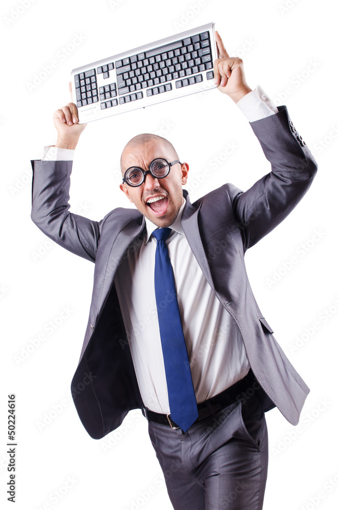 Nerd businessman with computer keyboard on white Nerd businessman with computer keyboard on white
