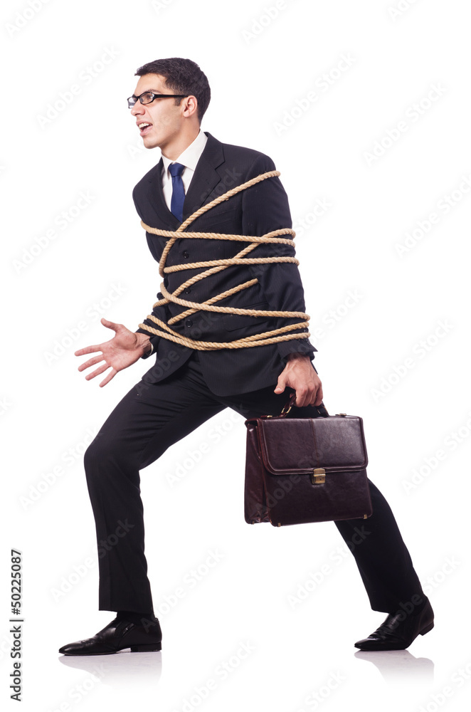 Businessman tied up with rope on white Businessman tied up with rope on white
