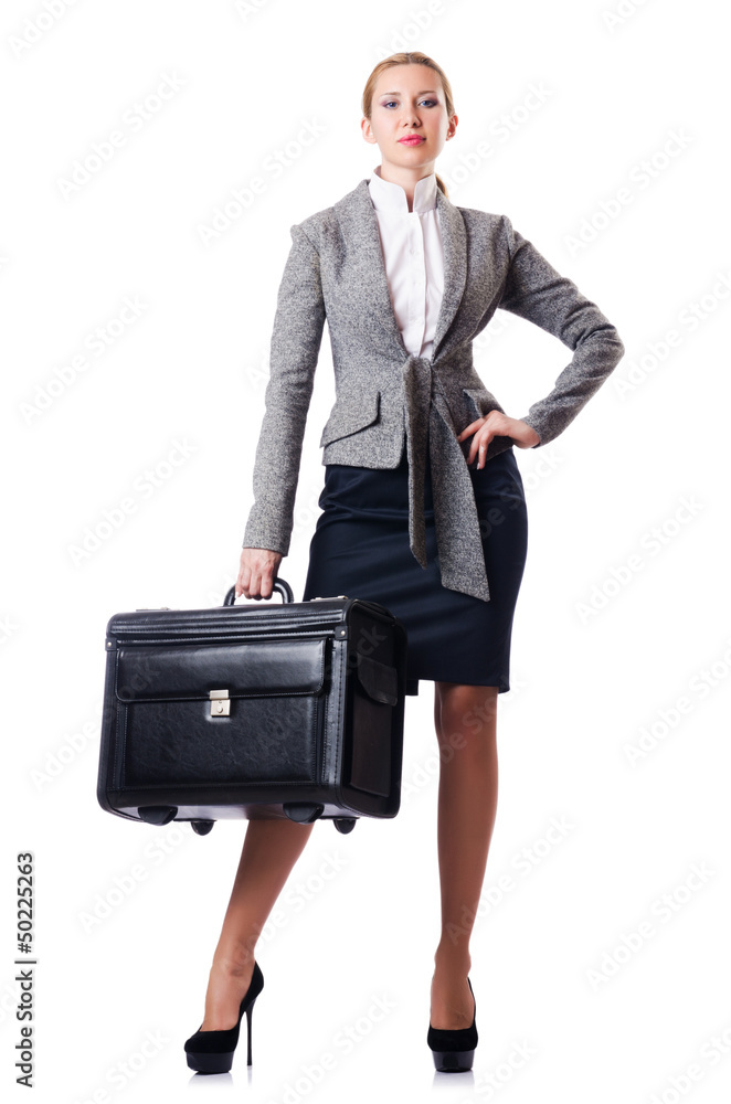 Businesswoman with suitcase on white Businesswoman with suitcase on white