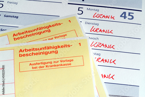Arbeitsunfähigkeitsbescheinigung, Krankmeldung, Kalender, Attest