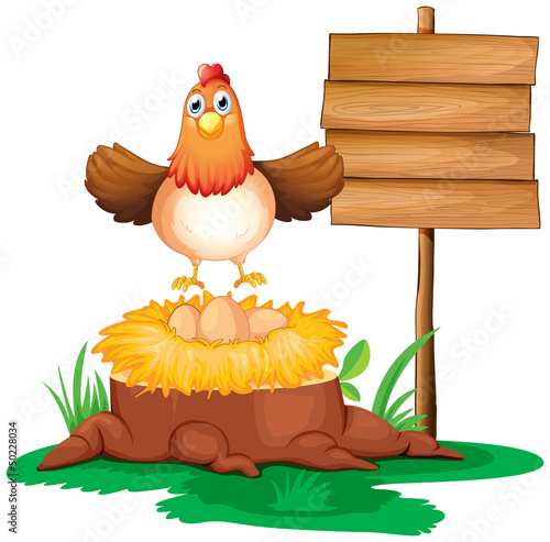 A chicken with a nest above a trunk near a signage