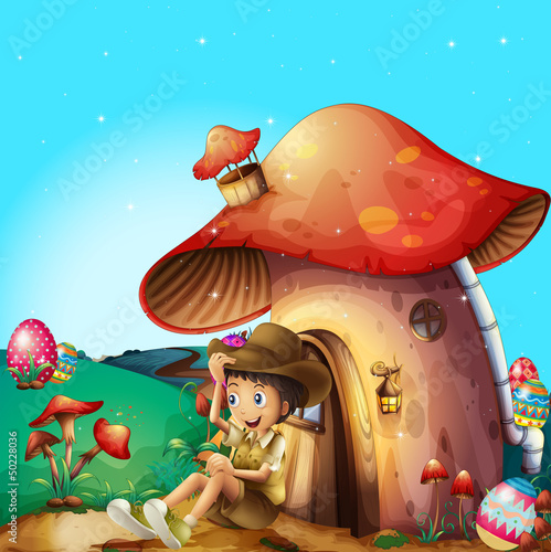 A boy at his mushroom house