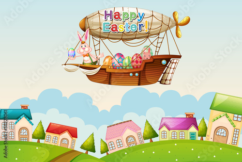An airship above the hills with an easter greeting