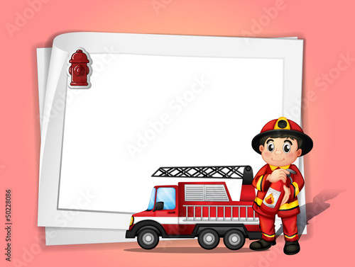 A fireman holding a fire extinguisher beside his fire truck in f