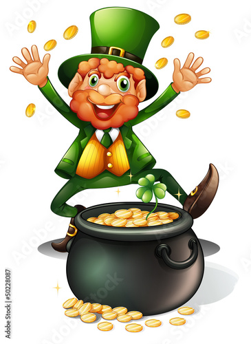 A man in a green attire with lots of coins