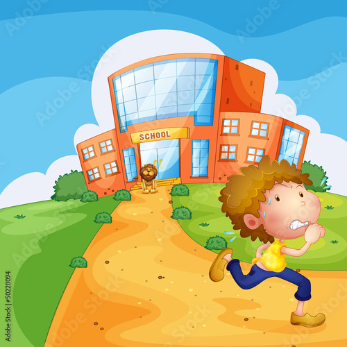 A boy running and a lion near the school