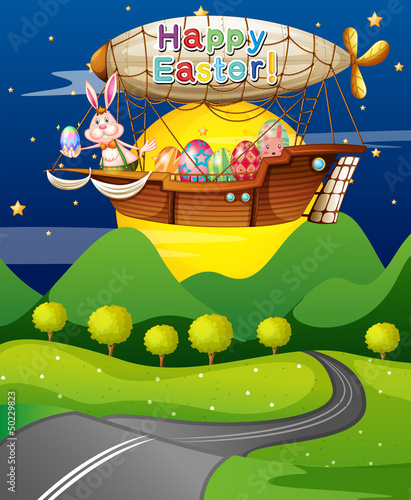 An aircraft flying in the middle of the night with bunnies