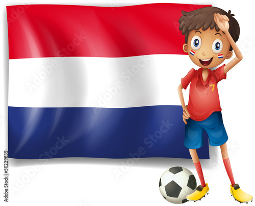 The flag of Netherlands with a soccer player